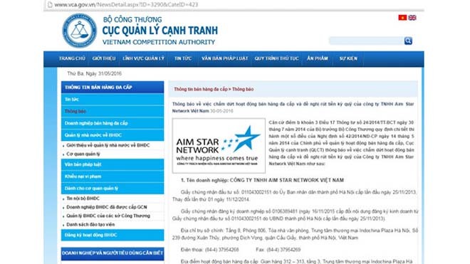Thông báo về việc chấm dứt hoạt động bán hàng đa cấp của công ty TNHH Aim Star Network Việt Nam.