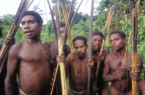 Đàn ông trong bộ tộc Korowai với cung tên tự chế.