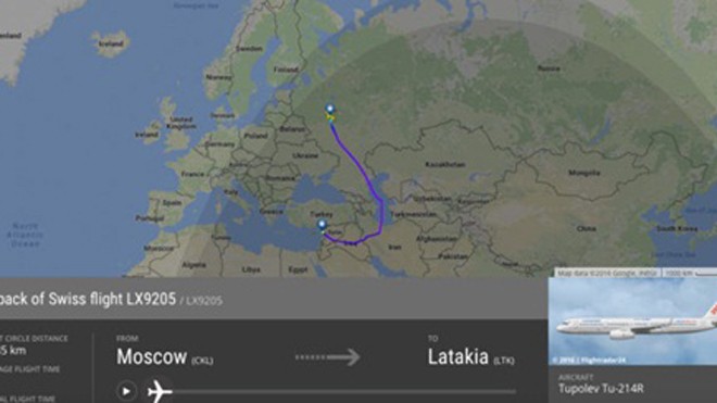 Ảnh chụp màn hình mô tả hành trình bay của chiếc Tu-214R ngày 29/7 từ Nga tới Syria. Ảnh: Aviationist
