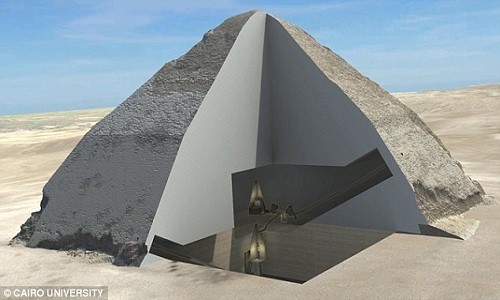 Đồ họa mô phỏng khoang rỗng bên trong Đại kim tự tháp Giza. Ảnh: Đại học Cairo.