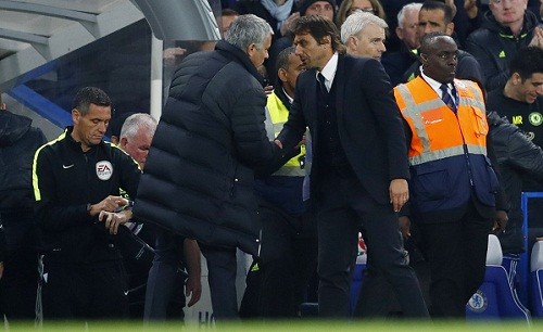 Conte và Mourinho bắt tay nhau sau trận đấu. Ảnh: Reuters.