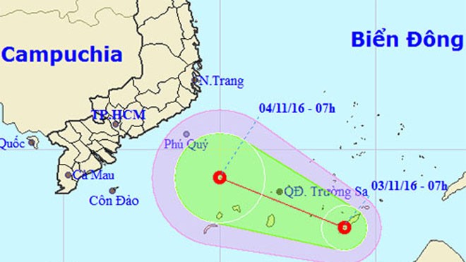 Dự báo hướng đi của áp thấp nhiệt đới. Ảnh: NCHMF.