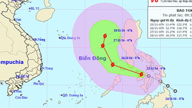 Hướng đi của bão Tokage theo dự báo của Trung tâm dự báo khí tượng thủy văn Trung ương. Ảnh: NCHMF.
