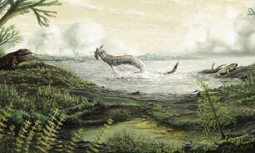 Hình ảnh phác họa những con vật đầu tiên đi lại trên đất liền tại Scotland. Ảnh: Mark Witton.