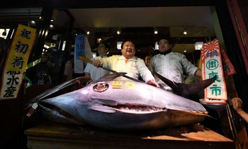 Kiyoshi Kimura và con cá ngừ vây xanh mua được với giá hơn 630.000 USD. Ảnh: AFP