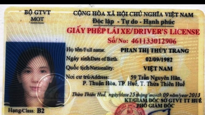 Ảnh chân dung của nghi phạm Phan Thị Thùy Trang trên giấy phép lái xe hạng B2. 