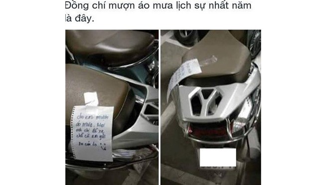 Hành động mượn áo mưa, sau đó để lại lời nhắn cho chủ nhân hiện gây tranh cãi trên mạng. Ảnh chụp màn hình.