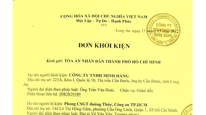 Cty Minh Hằng đã khởi kiện Phòng CSGT đường thủy – CA TP.HCM. Ảnh: Tân Châu