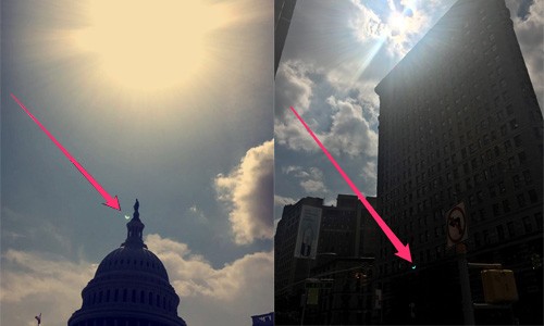 Hình lưỡi liềm xanh xuất hiện trong bức ảnh chụp nhật thực tại gần Điện Capitol (trái) và tòa nhà Flatiron (phải) bằng smartphone. Ảnh: Emily Cohn.