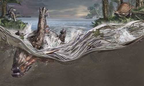 Minh họa xác khủng long nodosaur bị cuốn trôi ra biển. Ảnh: National Geographic.