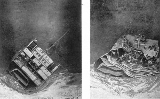 Minh họa cho thấy tàu Laurentic khi các thợ lặn tìm thấy lần đầu (trái) và tình trạng xác con tàu sau cơn bão. Ảnh: Đại học Cambridge