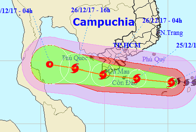 Hướng đi chi tiết bão Tembin ở Việt Nam