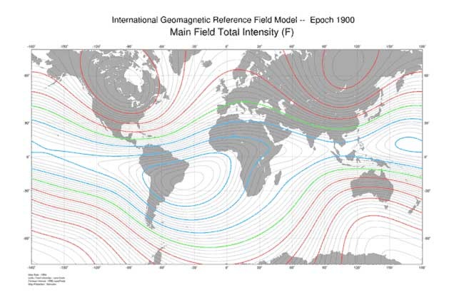 Bản đồ cho thấy từ trường yếu đi tại các khu vực màu xanh dương. (Ảnh: NOAA).