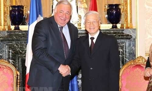 Tổng Bí thư Nguyễn Phú Trọng hội kiến với Chủ tịch Thượng viện Pháp Gérard Larcher. (Ảnh: Trí Dũng/TTXVN) 
