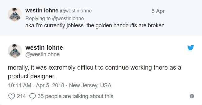 Nhà thiết kế sản phẩm Westin Lohne thông báo về quyết định nghỉ việc của mình. Ảnh: Twitter.