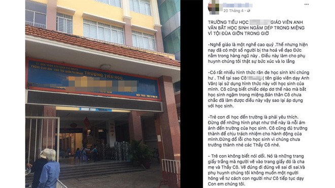 Thông tin lan truyền trên mạng xã hội về việc cô giáo bắt học sinh ngậm dép ở Tp Hồ Chí Minh (ảnh: MXH)