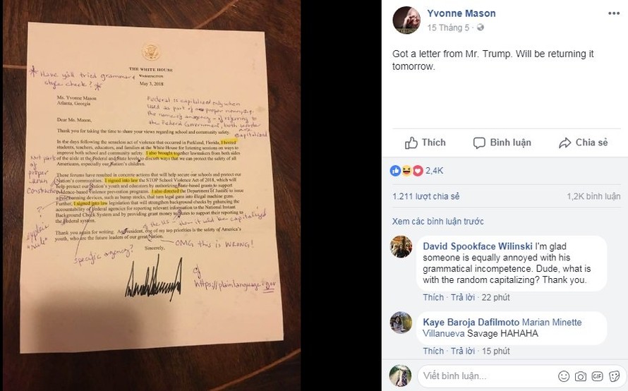 Bức thư của Tổng thống Trump được bà Mason sửa nhiều lỗi ngữ pháp