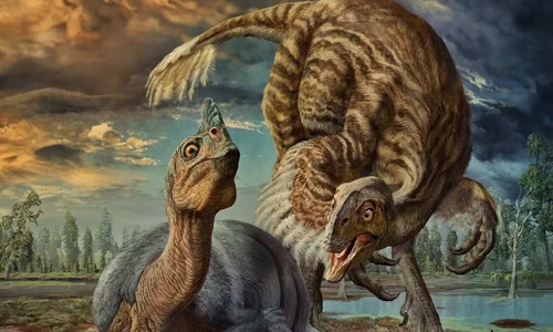 Tranh minh họa khủng long Oviraptorosauria đang nằm ấp trứng trên tổ ấp của nó. Tranh: Zhao Chuang.