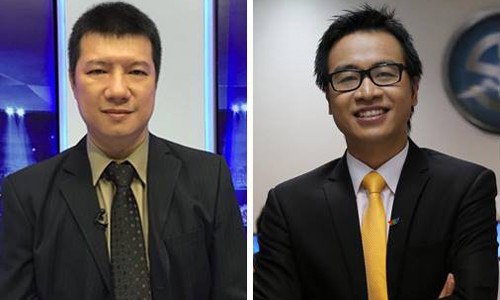 BLV Quang Huy (bên trái) "bác" thông tin bình luận trận Olympic Việt Nam-Bahrain cùng BLV Tạ Biên Cương (bên phải) của VTV