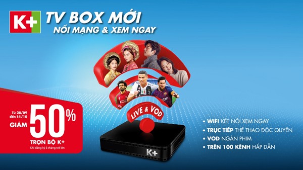 Ưu đãi giảm giá 50% chỉ còn 495.000 đồng trọn bộ K+ TV Box nhân dịp ra mắt.