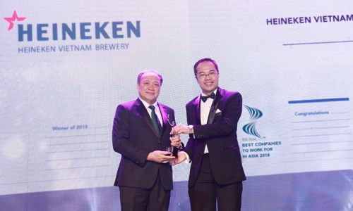 Ông Lê Quí Đôn, Giám đốc Nhân sự cấp cao của HEINEKEN Việt Nam (trái) nhận giải thưởng từ ông William Ng, Tổng biên tập của Tạp chí HR Asia.