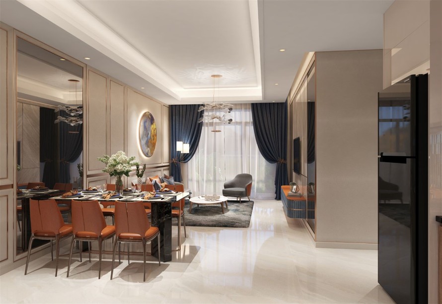 Thiết kế phòng khách sử dụng tông màu vàng hồng, cam đất và xanh đậm ấm áp và sang trọng