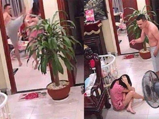 Hình ảnh người chồng đánh vợ mới sinh tại phường Thạch Bàn, quận Long Biên (Ảnh cắt từ clip)