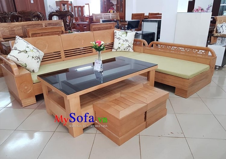 Bộ sofa góc chất liệu gỗ có kiểu dáng đơn giản nhưng vô cùng tiện dụng, phù họp với hầu hết các loại không gian phòng khách.