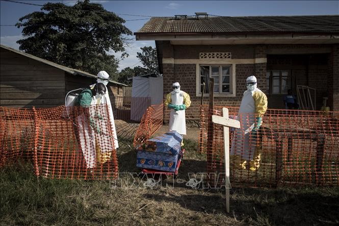 Nhân viên y tế phun thuốc khử trùng xung quanh quan tài một bệnh nhân tử vong do Ebola tại Beni, CHDC Congo. Ảnh tư liệu: AFP/TTXVN