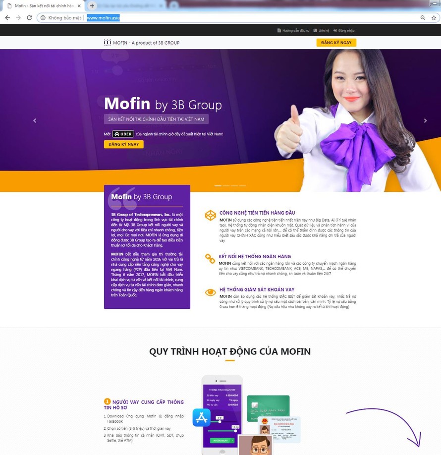 Giao diện website Mofin.vn (đang báo lỗi) và Mofin.asia của MofinẢnh: PV
