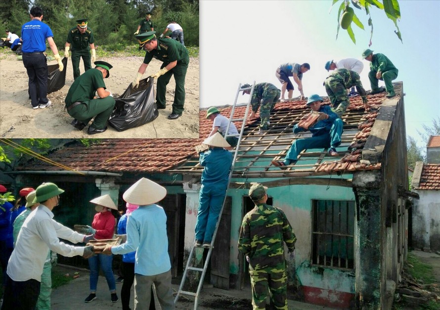Cán bộ, chiến sĩ Đồn Biên phòng Trà Cổ tham gia chiến dịch “Hãy làm sạch biển” (ảnh nhỏ) và dỡ bỏ căn nhà cũ của ông Nguyễn Văn Dàu để xây dựng nhà mới Ảnh: CTV