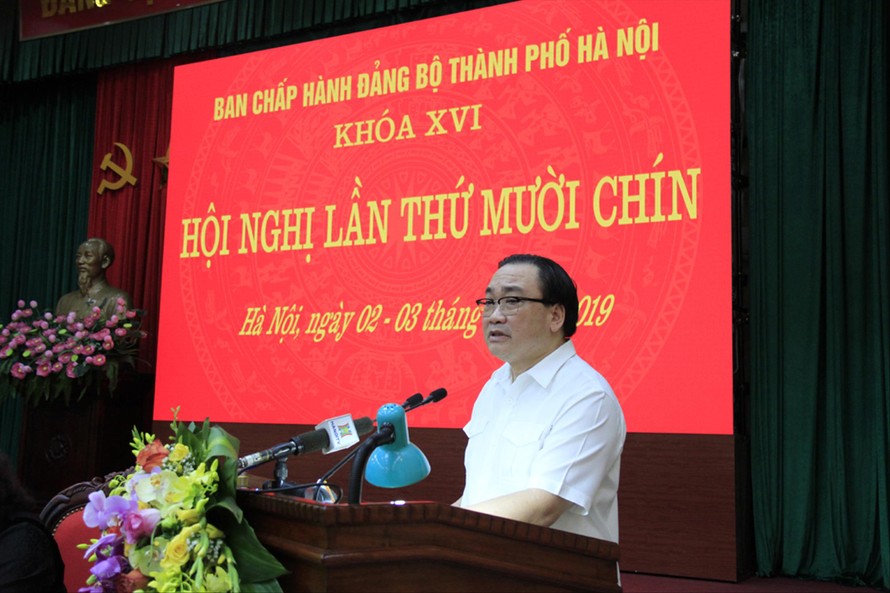 Bí thư Thành ủy Hà Nội Hoàng Trung Hải phát biểu kết luận hội nghị Ảnh: Trường Phong