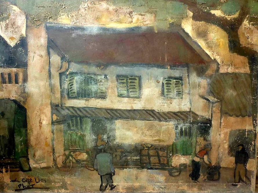Tác phẩm: Quán Café Lâm, Họa sỹ: Bùi Xuân Phái, Sáng tác: 1963, chất liệu: Sơn dầu
