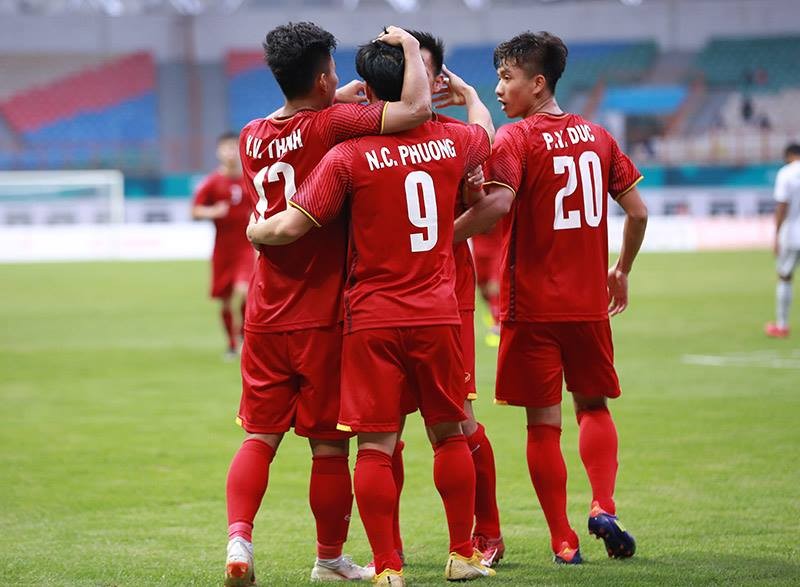 Niềm vui của các cầu thủ U23 Việt Nam khi đánh bại Olympic Pakistan. 