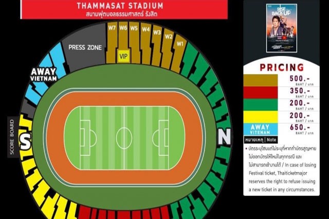Giá vé vào sân Thammasat xem trận Việt Nam vs Thái Lan.