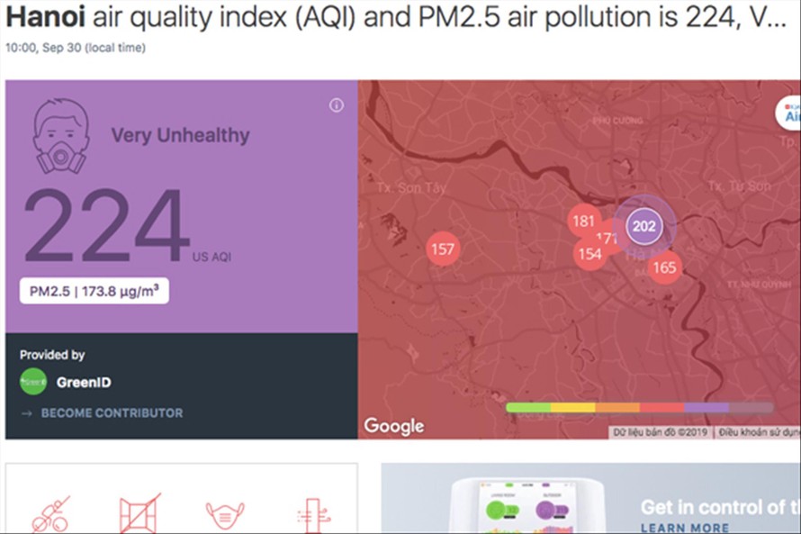 Ảnh chụp màn hình ô nhiễm Hà Nội vượt ngưỡng 200 sáng 30/9 