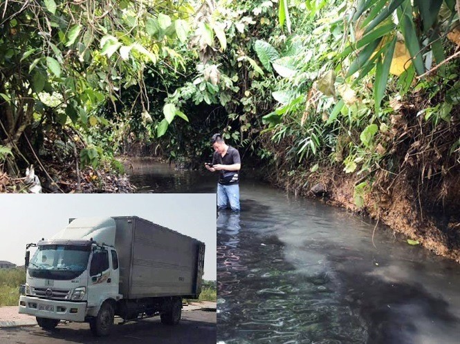 Xe đổ trộm chất thải nguy hại là dầu thải (ảnh nhỏ) vào khu vực đầu nguồn nước sông Đà vừa qua