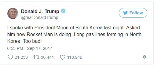 Trang Twitter của ông Trump gọi Nhà lãnh đạo Triều Tiên là "Rocket Man" ( người đàn ông tên lửa)