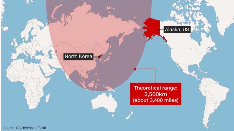 Sơ đồ tên lửa đạn đạo xuyên lục địa của Triều Tiên có thể vươn tới Alaska, Mỹ.