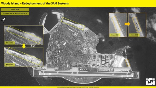 Các hình ảnh vệ tinh mới nhất chụp hồi tháng 6 cho thấy Trung Quốc lại kéo giàn phóng tên lửa trên đảo Phú Lâm,thuộc quần đảo Hoàng Sa mà Trung Quốc chiếm đóng trái phép của Việt Nam.