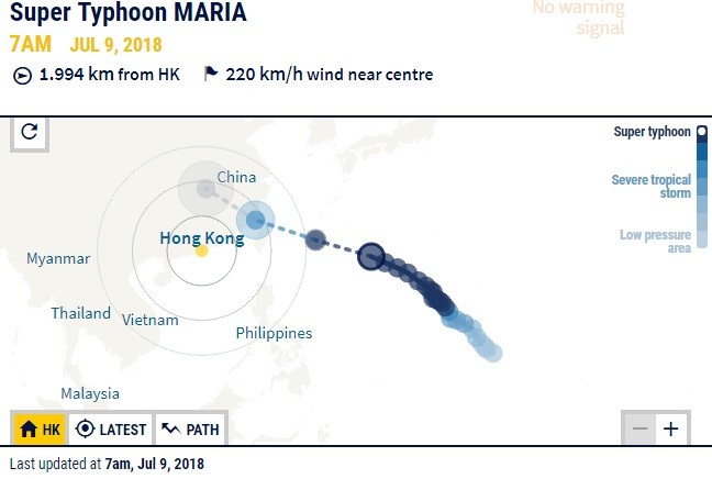 Đường đi dự kiến của siêu bão Maria, cập nhật ngày 9/7. Ảnh: SCMP