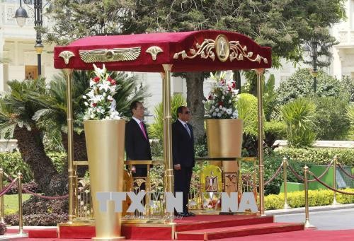 Chủ tịch nước Trần Đại Quang và Tổng thống Ai Cập Abdel Fattah Al Sisi tại lễ đón tiếp. Ảnh: TTXVN