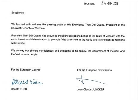 Bức thư chia buồn của Hội đồng châu Âu và Ủy ban châu Âu.