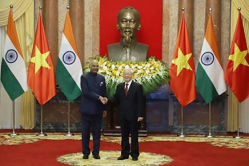 Tổng Bí thư, Chủ tịch nước Nguyễn Phú Trọng và Tổng thống Ấn Độ Ram Nath Kovind trước khi tiến hành hội đàm ngày 20/11. Ảnh: Như Ý