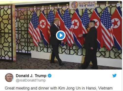 Bài viết trên Twitter của ông Trump sạu bữa tối lịch sử cùng ông Kim tại Hà Nội ngày 27/2.