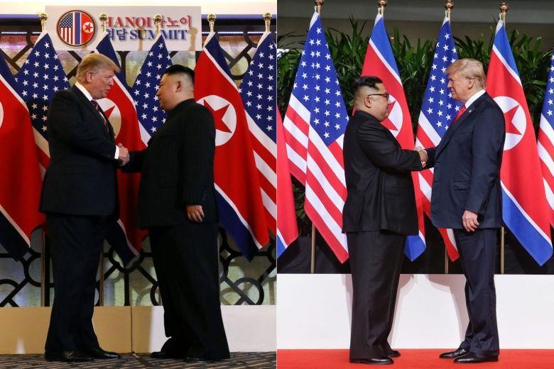 Hai cú bắt tay lịch sử giữa Tổng thống Mỹ Donald Trump và Chủ tịch Triều Tiên Kim Jong-un chỉ khác nhau ở vị trí đứng của hai người.