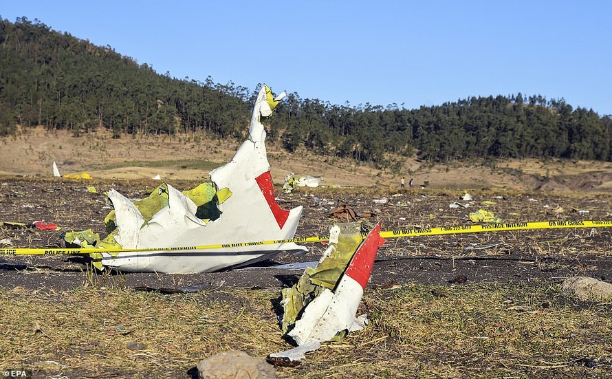 Mảnh vụn chiếc máy bay Boeing 373 MAX 8 của hãng hàng không Ethiopia được tìm thấy tại hiện trường.
