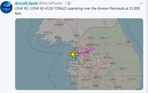 Đoạn thông tin trên Twitters của Aircraft Spots cho thấy lộ trình của chiếc máy bay trinh sát RA-135W Rivet Joint ngày 19/6 trên bầu trời Seoul. 