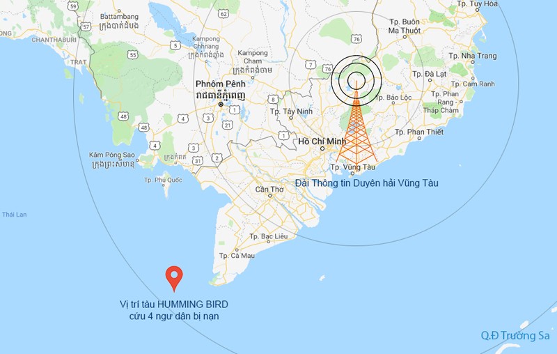 Vị trí tàu Humming Bird cứu được 4 ngư dân Việt Nam đang trôi dạt trên biển.