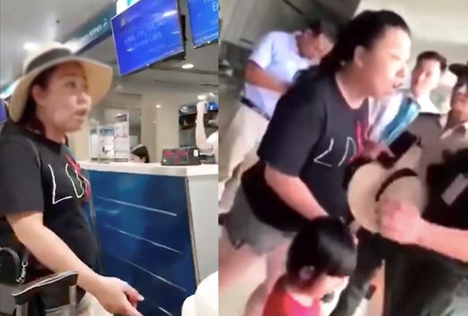 Nữ hành khách L.T.Hiền thích ăn to, nói lớn gây rối tại sân bay Tân Sơn Nhất. Ảnh cắt từ video.